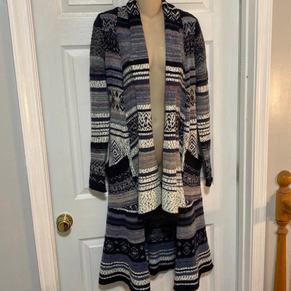 Free People Navy and Cream Patterned Cardigan